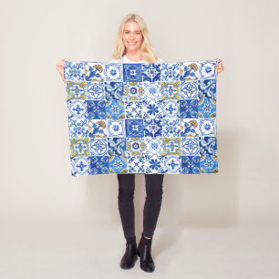 Couverture Polaire Bleu Floral Méditerranéen, Blanc & Jaune Motif