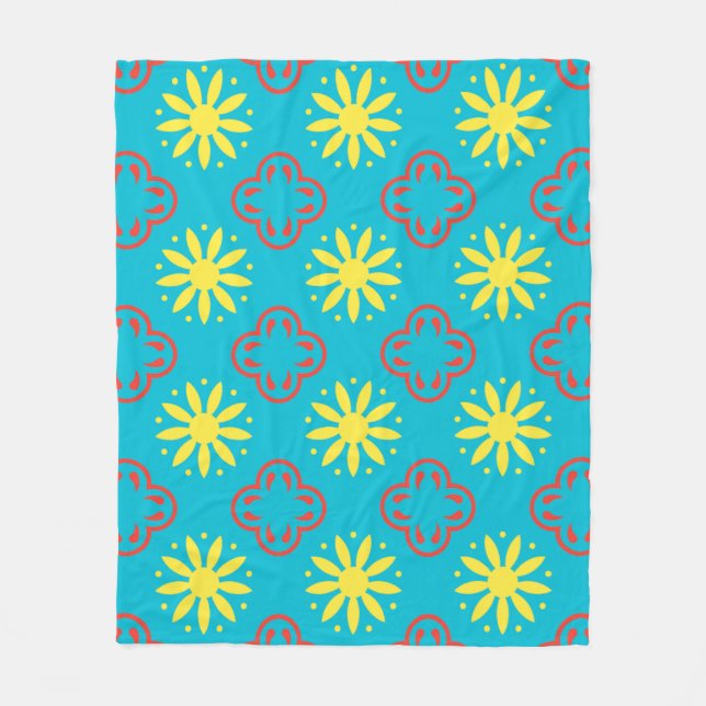 Couverture Polaire Bleu jaune Rouge Floral Pétal Motif marocain (Devant)