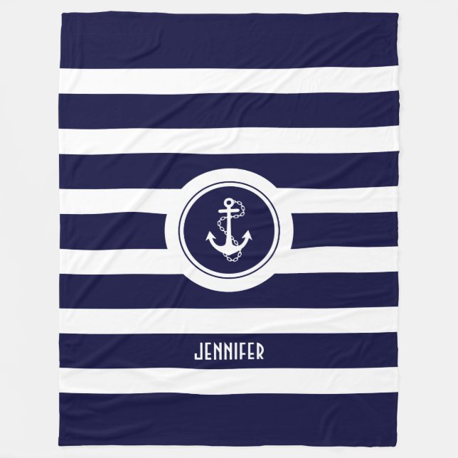 Couverture Polaire Bleu Marine & Blancs Ancre nautique (Devant)