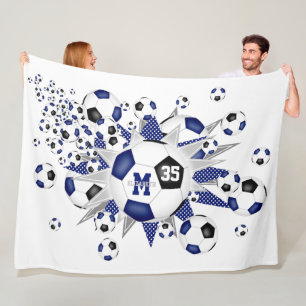 Couverture Polaire bleu noir balle de football étoiles filles nom