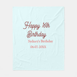 Couverture Polaire Bleu pastel rouge joyeux 16e anniversaire nom date