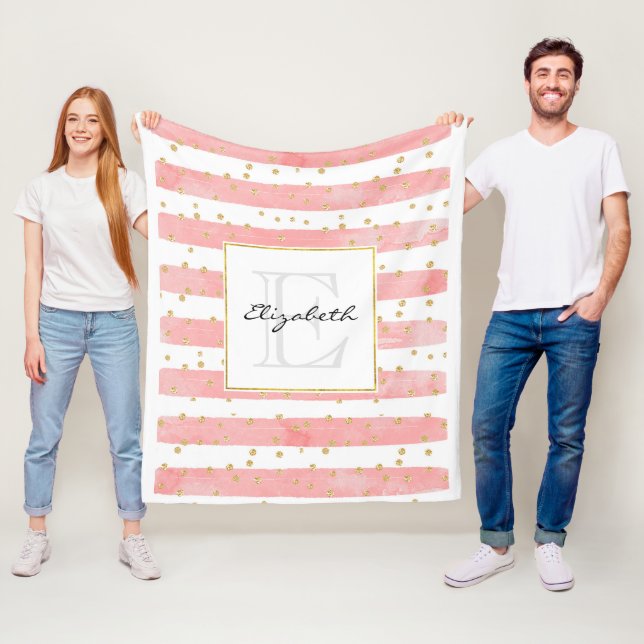Couverture Polaire Bleu rose | Faux Gold Confetti Monogramme (En situation)