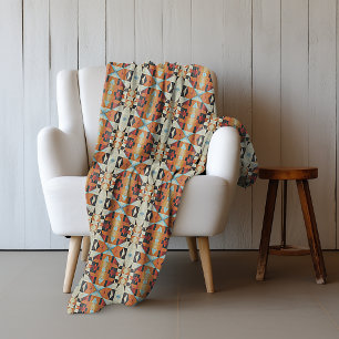 Couverture Polaire Bleu Rouge Orange Taupe Marron Noir Art Tribal
