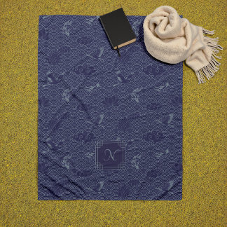 Couverture Polaire Bleu traditionnel japonais Vague Seigaiha Monogram