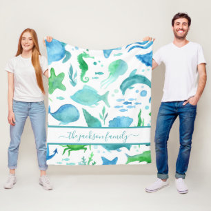 Couverture Polaire Bleu vert mer océan dauphin blanc monogramme