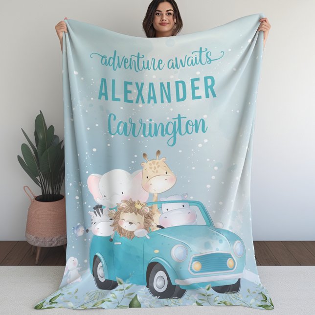 Couverture Polaire Blue Adventure Attend Aquarelle Safari Animaux (Blue Adventure Awaits Watercolor Safari Animals Fleece Blanket)