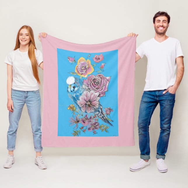 Couverture Polaire Blue Budgie Cute Whimsical Rose Blue Girls Baby Bl (En situation)