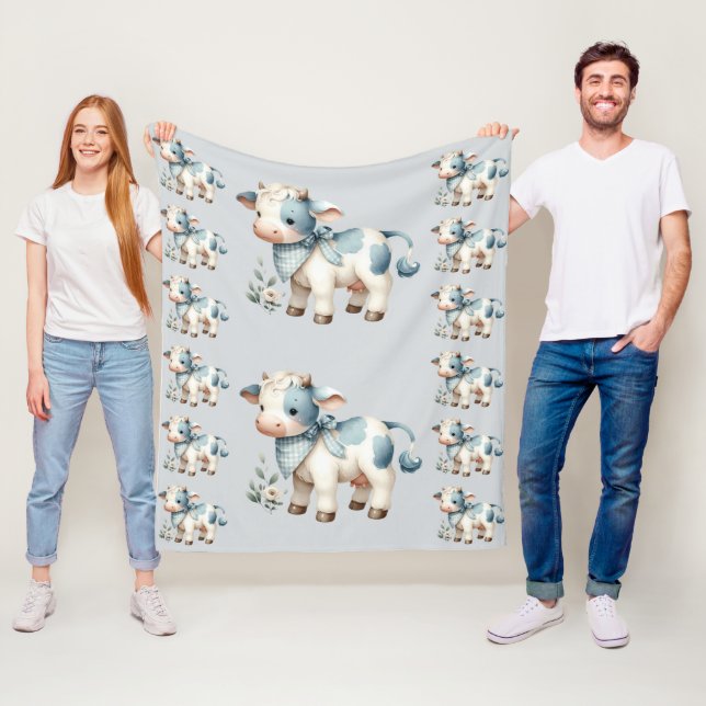 Couverture Polaire Blue Gingham Baby Cow Pastel Farm Aesthetic (En situation)