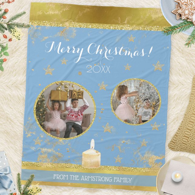 Couverture Polaire Blue Gold Glitter 2 Photo Family Keepsake (Blue Gold Glitter 2 Photo Family Name Holiday Fleece Blanket ©Susanne Sachers - Sunny Mind Design 🌞)