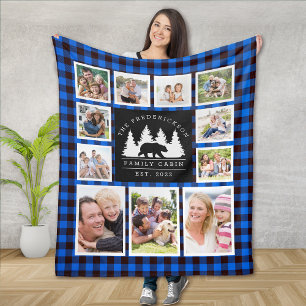 Couverture Polaire Blue Rustic Plaid Bear Woods Famille Cabine Photo