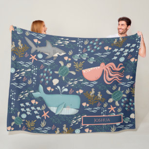 Couverture Polaire Blue Under the Sea Coral Octopus Whale Shark Name