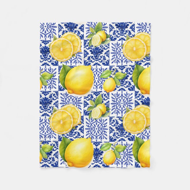 Couverture Polaire Blue White Lemon Tile Pattern Mediterranean Citrus (Devant)