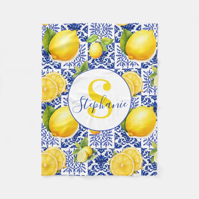 Couverture Polaire Blue White Lemon Tile Pattern Name Monogram Citrus (Devant)