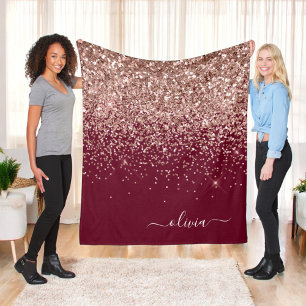 Couverture Polaire Blush rose burgundy Monogramme Paillettes Or Rose