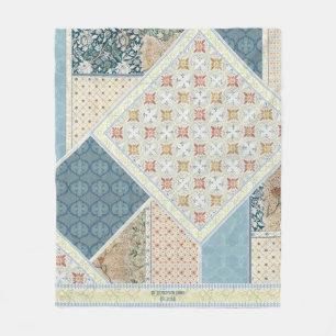 Couverture Polaire BOHO Aquarelle Florale Patchwork Motif Bleu Tan
