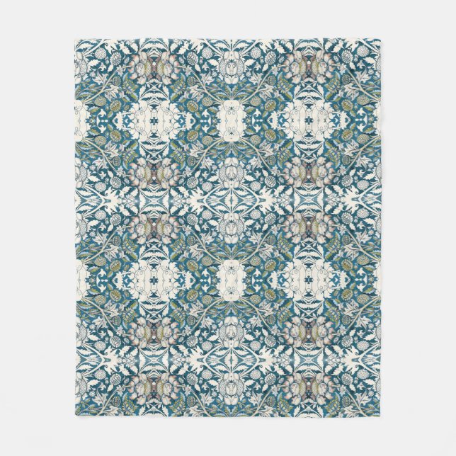 Couverture Polaire BOHO Aquarelle Florale Patchwork Motif Bleu Tan (Devant)