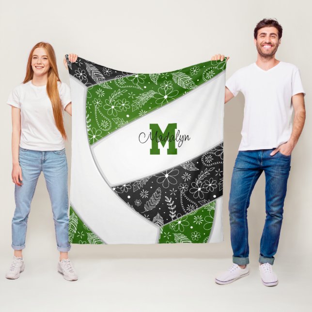 Couverture Polaire Boho doodle motif vert noir volleyball (En situation)