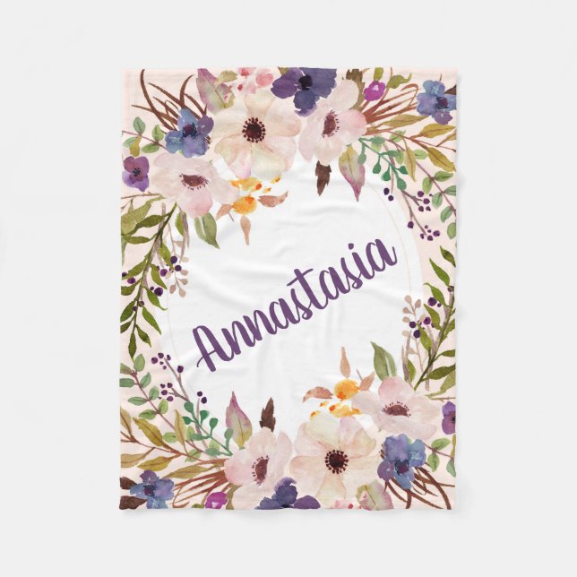 Couverture Polaire Boho fleurs d'aquarelle violette (Devant)