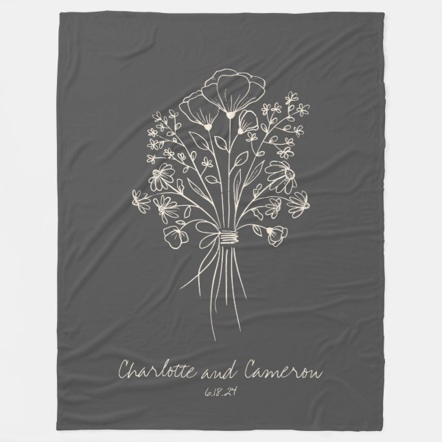 Couverture Polaire Boho Flower Line Art Dessin Noms personnalisés (Devant)