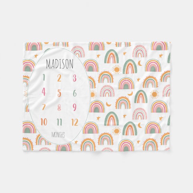 Couverture Polaire Boho moderne Rainbow Stars Lune Sun Baby Milestone (Devant (Horizontal))