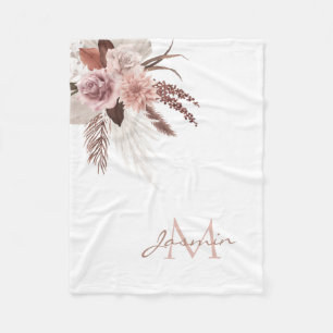 Couverture Polaire Boho Pampas Rose Grass Fleurs séchées Monogramme