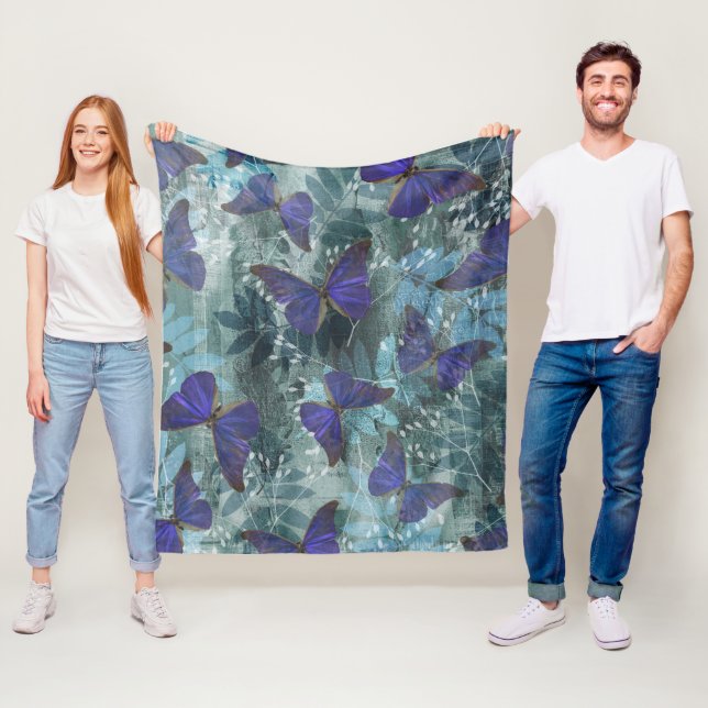 Couverture Polaire Boho Purple Butterfly & Cyan Botanique Original (En situation)
