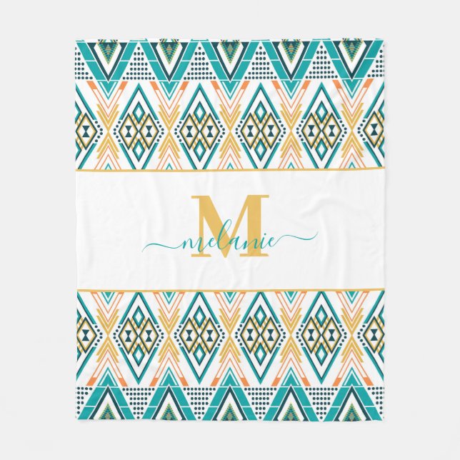 Couverture Polaire Boho Turquoise Mustard Ethnique Monogramme Abstrai (Devant)