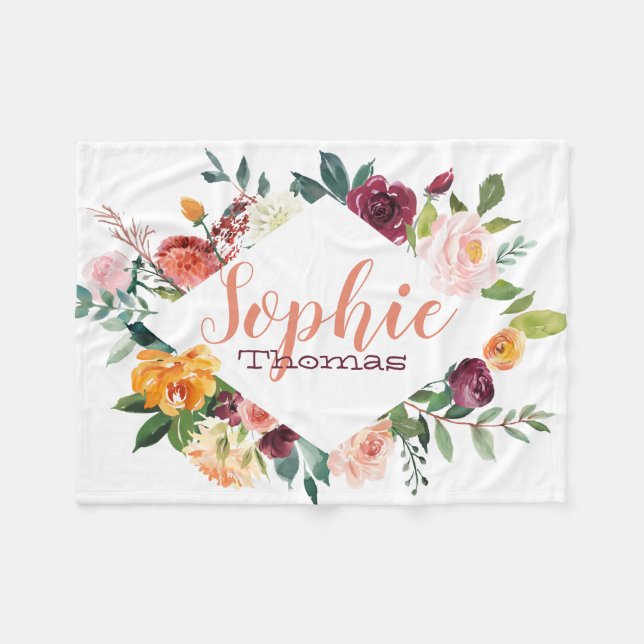 Couverture Polaire Boho violet fleurs d'aquarelle personnalisée (Devant (Horizontal))