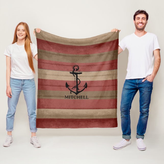Couverture Polaire Bois rouge et Brown ⚓ Nautique Rayures et Ancre (En situation)