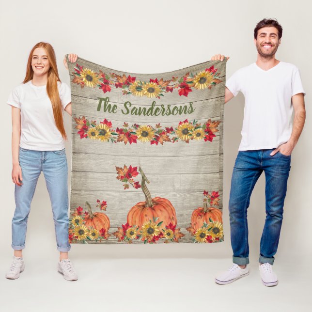 Couverture Polaire Bois rustique Automne Tournesol Citrouilles Feuill (En situation)