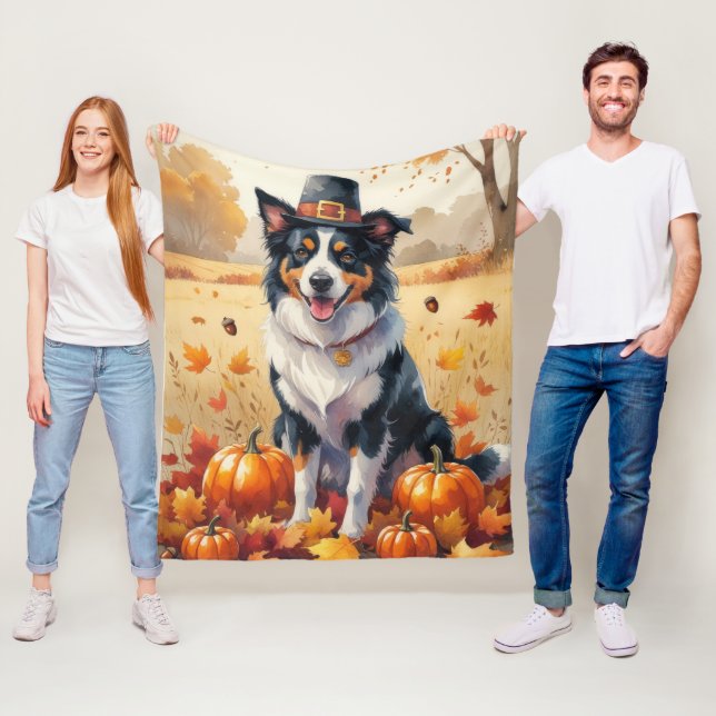 Couverture Polaire Border Collie en Feuilles d'Automne, Art de Thanks (En situation)