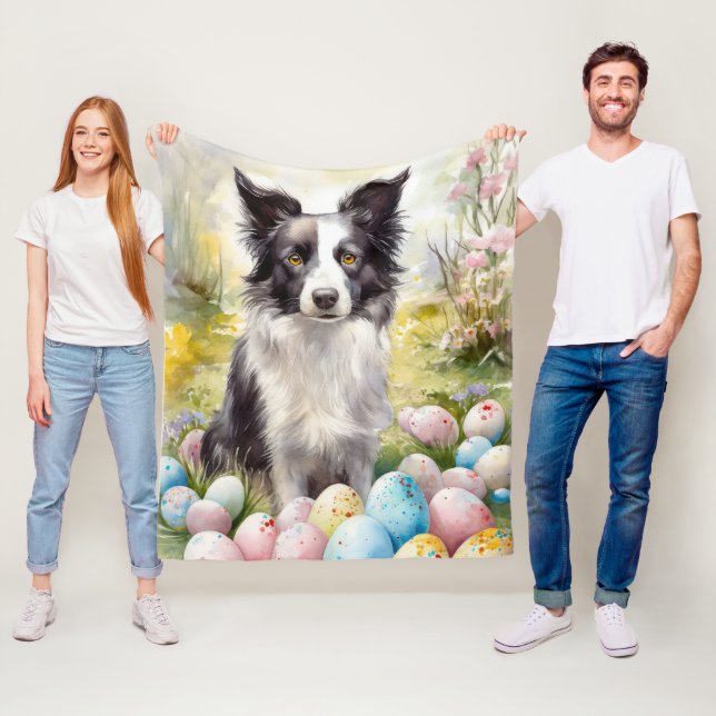 Couverture Polaire Bordure Collie Chien avec Oeufs de Pâques Fête (En situation)