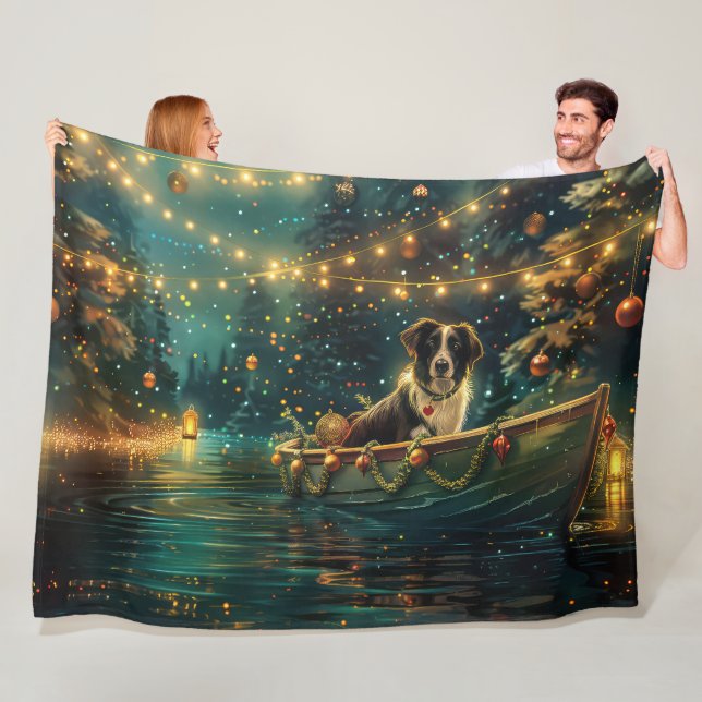 Couverture Polaire Bordure Collie Noël Festive Voyage (En situation)