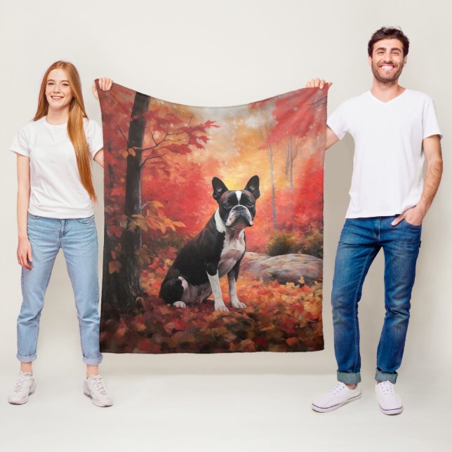 Couverture Polaire Boston Terrier à l'automne Leaves automne Inspire (En situation)