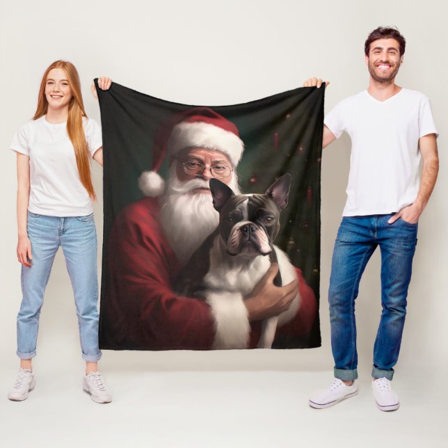 Couverture Polaire Boston Terrier avec Noël Festif du Père Noël (En situation)