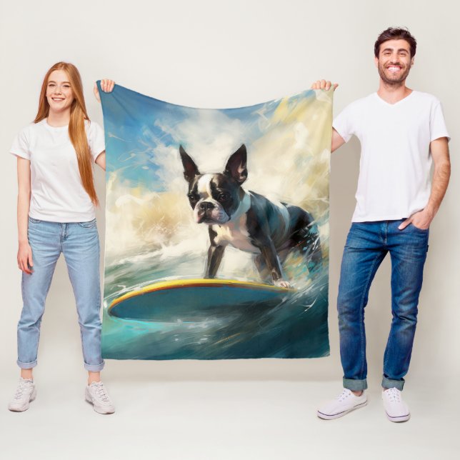 Couverture Polaire Boston Terrier Beach Surfing Peinture (En situation)