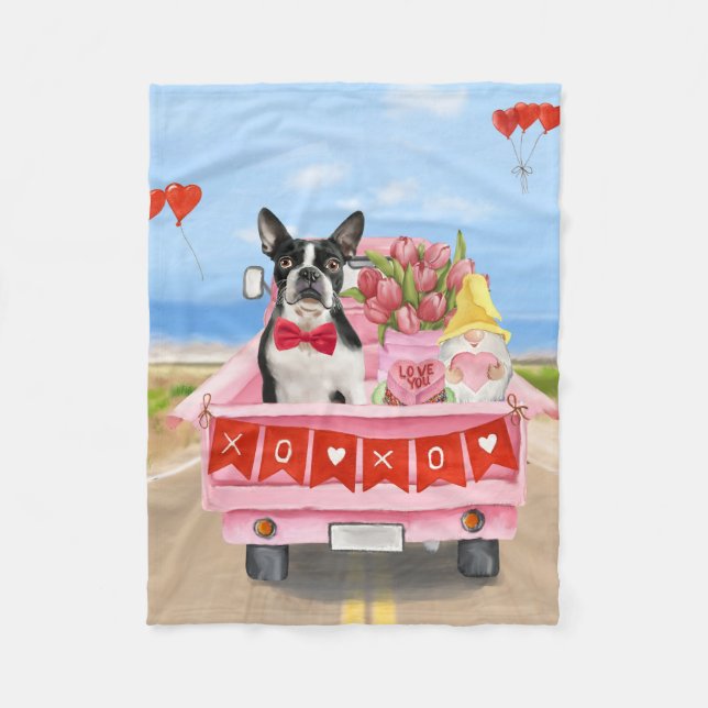 Couverture Polaire Boston Terrier Chien Valentine's Day Truck Hearts (Devant)