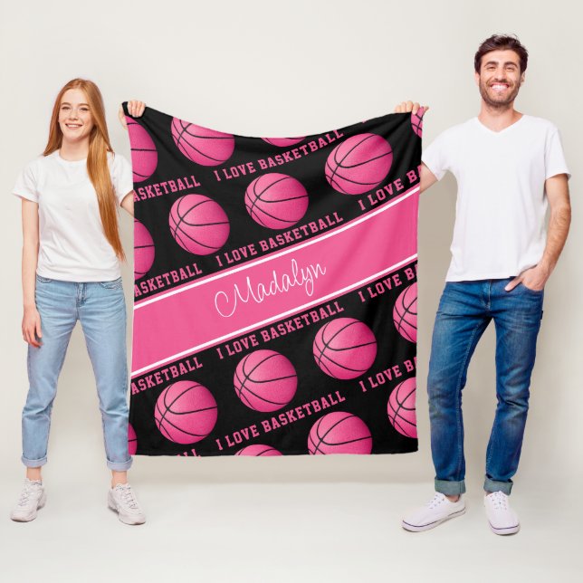 Couverture Polaire boules de basket roses w J'aime le texte de basket (En situation)