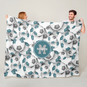 Couverture Polaire Boules de football gris turquoise motif monogrammé