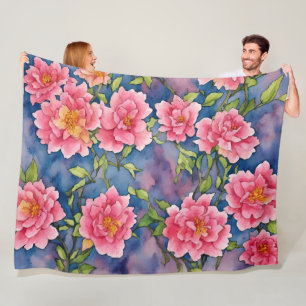 Couverture Polaire Bouquet floral Aquarelle Peoné rose sur bleu
