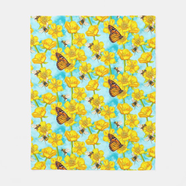 Couverture Polaire Boutons, abeilles et papillons sur les nuages (Devant)