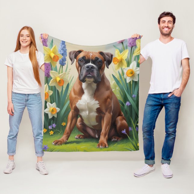 Couverture Polaire Boxer Chien Fleurs de printemps Peinture (En situation)