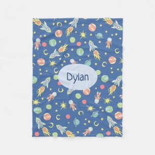 Couverture Polaire Boys Cute Blue Rocket Ship Space Motif et nom