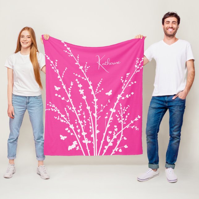 Couverture Polaire Branches à papillons rose chaud Nom personnalisabl (En situation)