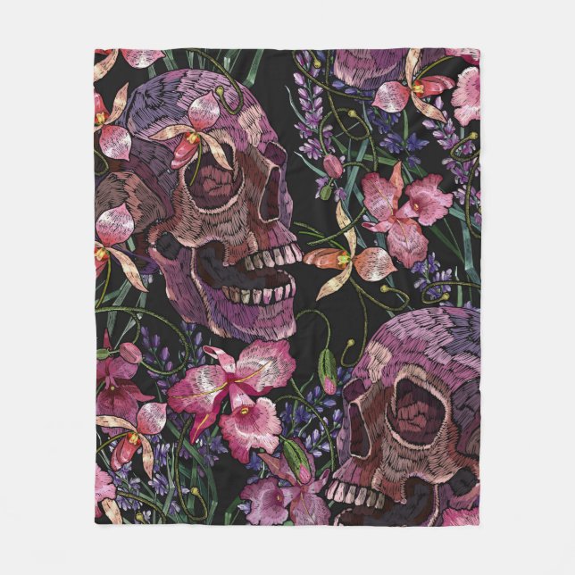 Couverture Polaire Broderie crâne humain et fleurs d'orchidées roses  (Devant)