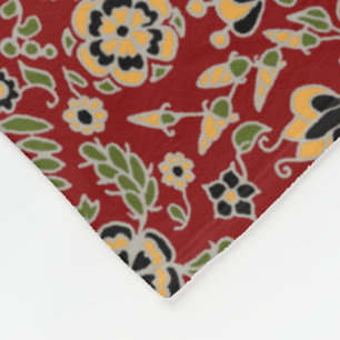 Couverture Polaire Broderie folle Jaune, Vert, Noir sur Rouge profond