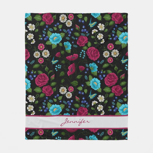 Couverture Polaire Broderie personnalisée Style floral bleu noir (Devant)