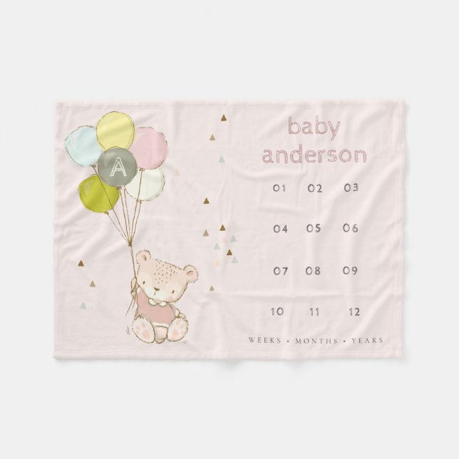 Couverture Polaire Brousse Ours Balloon Fille Monogramme Bébé Jalon (Devant (Horizontal))