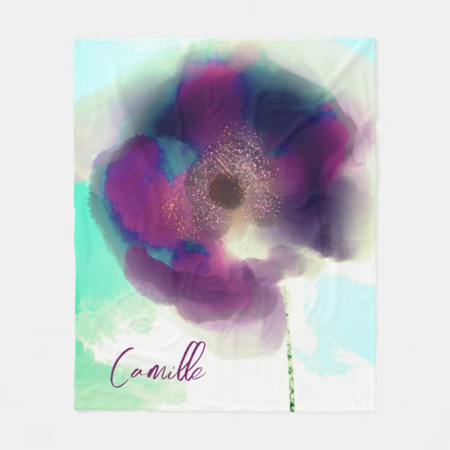 Couverture Polaire Burgundy Bleu Aquarelle Populaire Floral Monogramm (Devant)