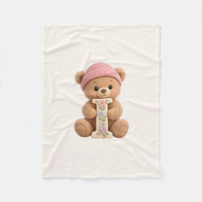 Couverture Polaire Cadeau bébé fille avec initiale I Ourson (Devant)